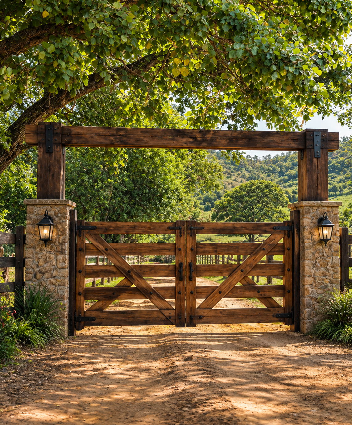 Portal de entrada de fazenda imponente ao entardecer