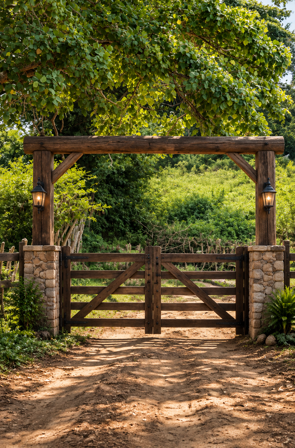Entrada de propriedade rural com portal de madeira