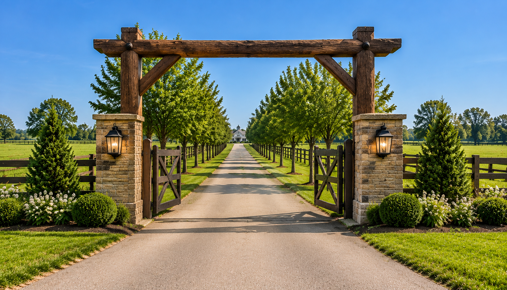 Portal de entrada de fazenda em paisagem rural