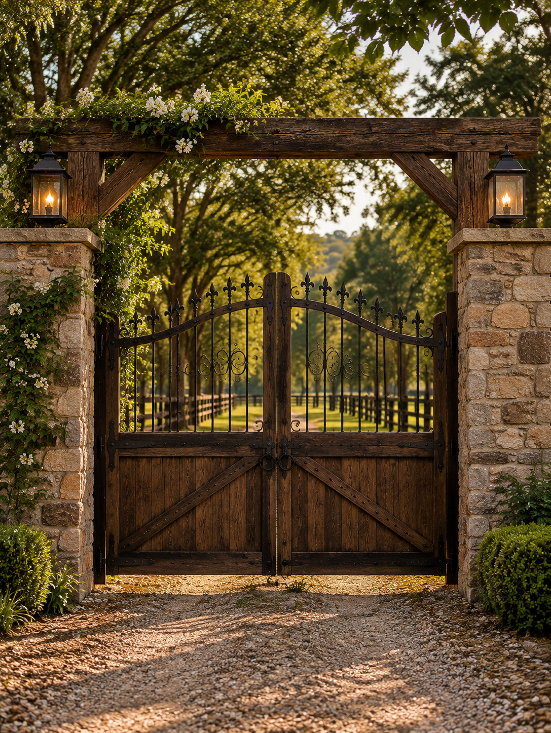 Portal sofisticado na entrada de uma fazenda de alto padrão